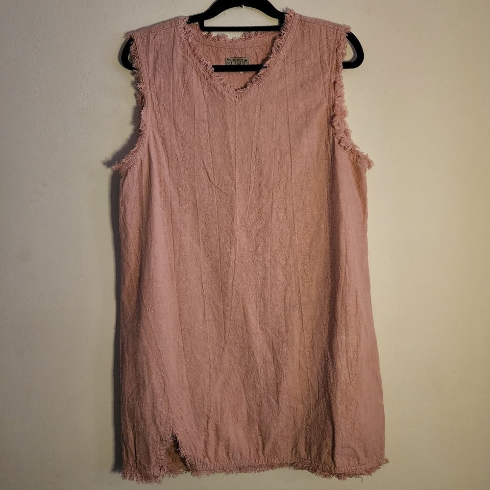 Rowie the Label Fringed Hem Linen Sleeveless V Neck Dress Size Large